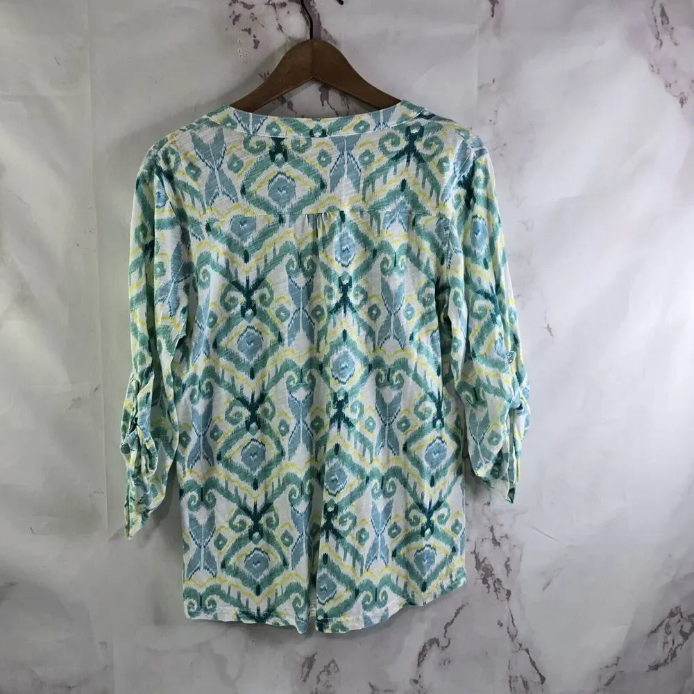Fresh Produce T Shirt Womens Medium Green Yellow Roll Up Tee Jersey Argyle Long